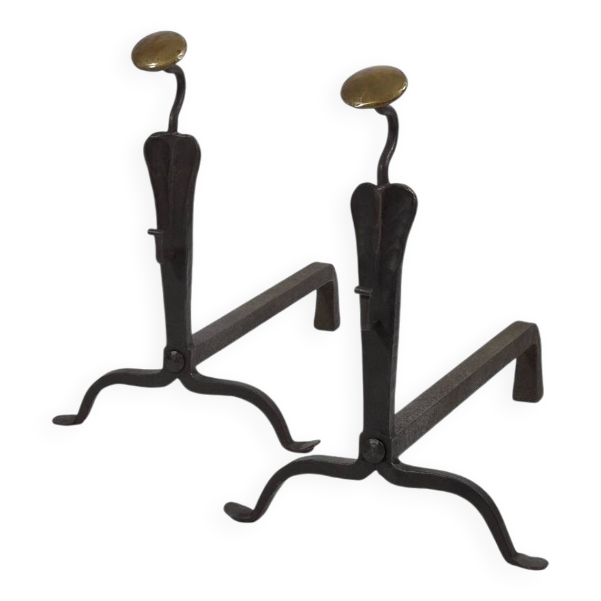Pair of handforged metal and brass andirons
