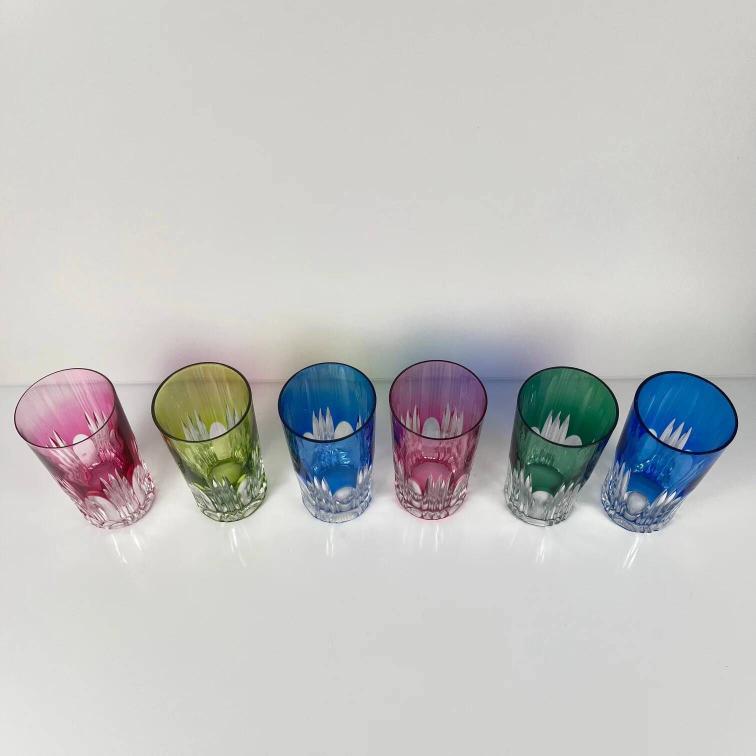 Set of 6 coloured double crystal long drink glasses, 1970s, Eastern Europe.