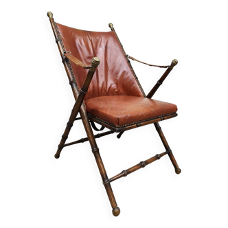 Fauteuil pliant vintage en simili cuir et faux bambou, style Safari