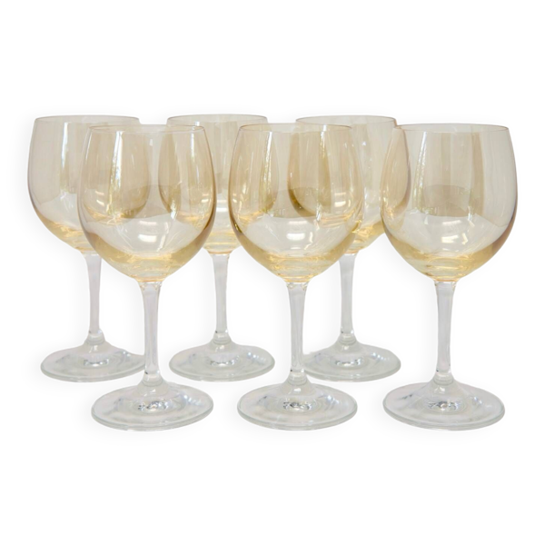 6 verres à pieds jaunes irisés