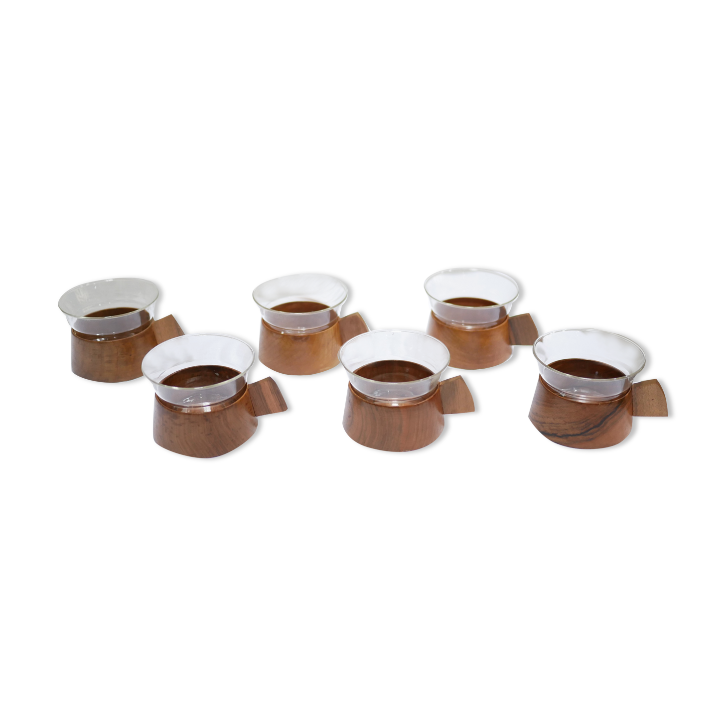 Series of 6 vintage Scandinavian cups in Schott & Gen Mainz teak and glass