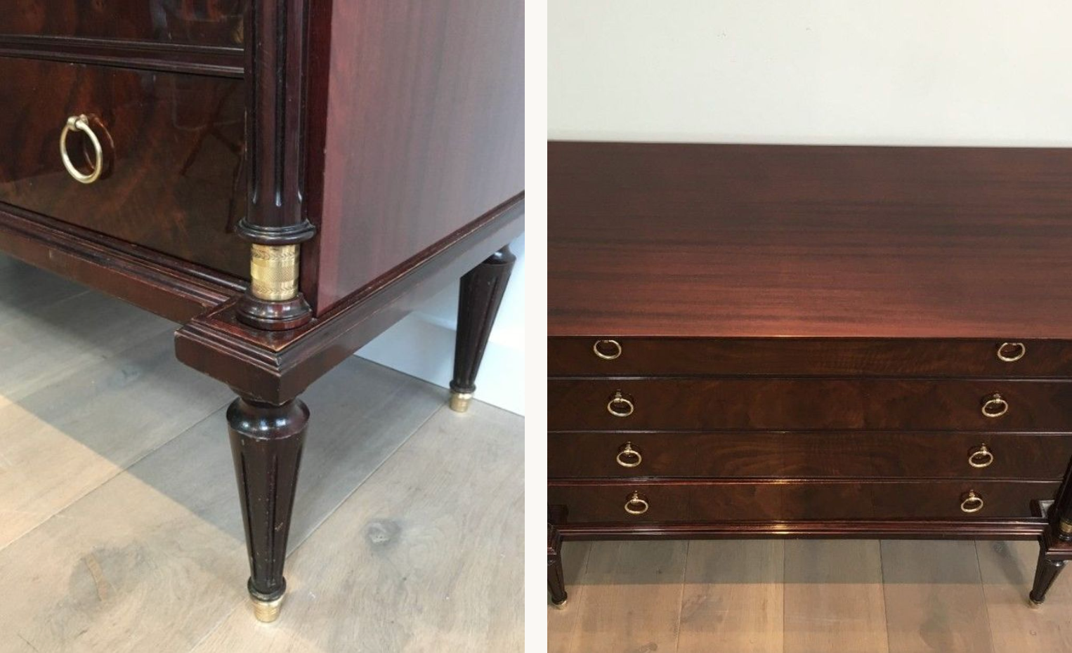 Neoclassical chest of drawers in mahogany and brass
