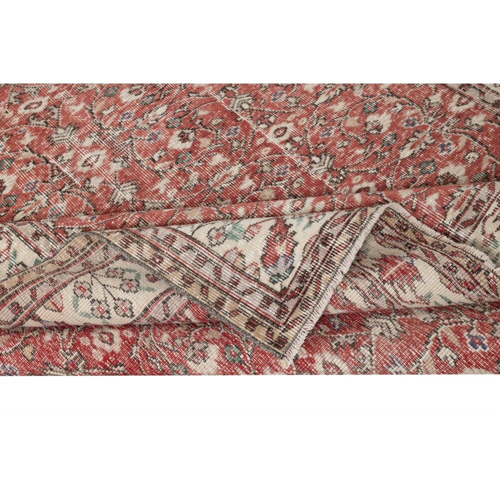 Vintage Handmade Turkish Red Wool Area Rug with Floral Design for Home and Office Decor