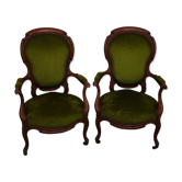 Paire fauteuils Louis XV velours vert et noyer