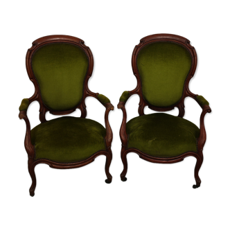 Pair armchairs louis xv velour green and walnut
