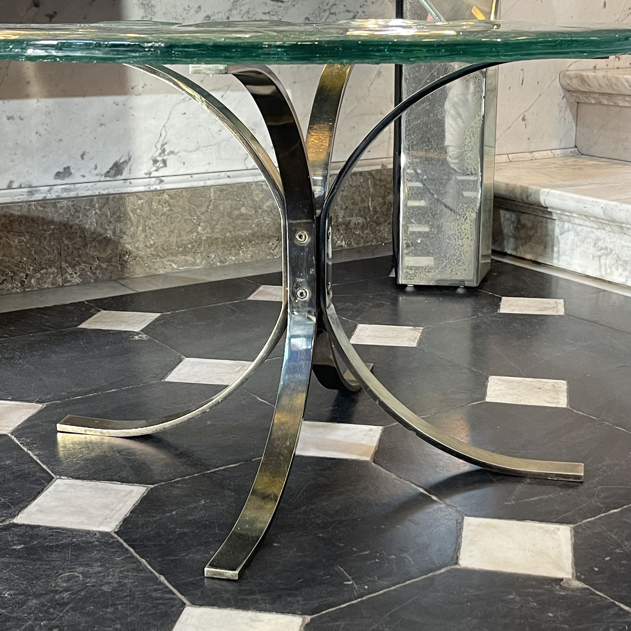 Pair of round coffee tables, glass, ca 1970