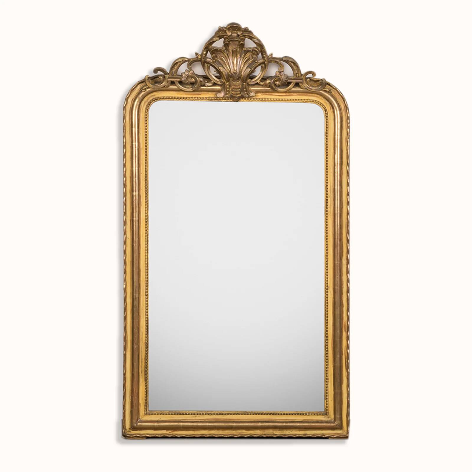 19th C antique yellow gold antique mirror with crest