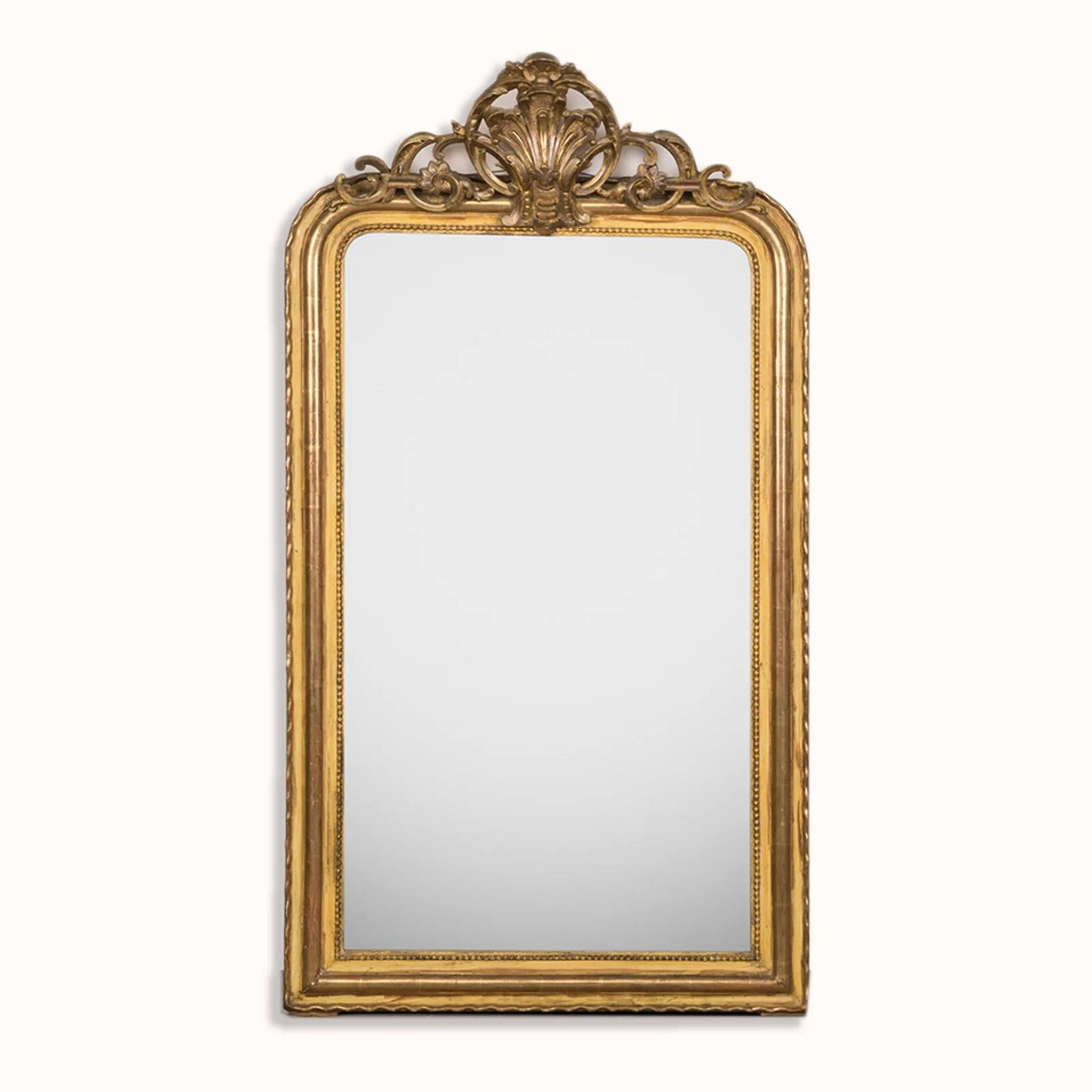 19th C antique yellow gold antique mirror with crest