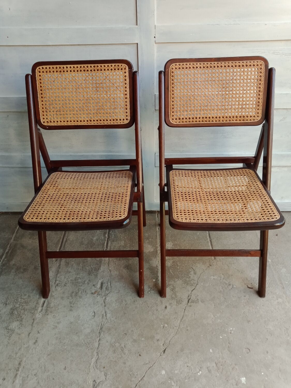 Vintage folding cane and wood chairs