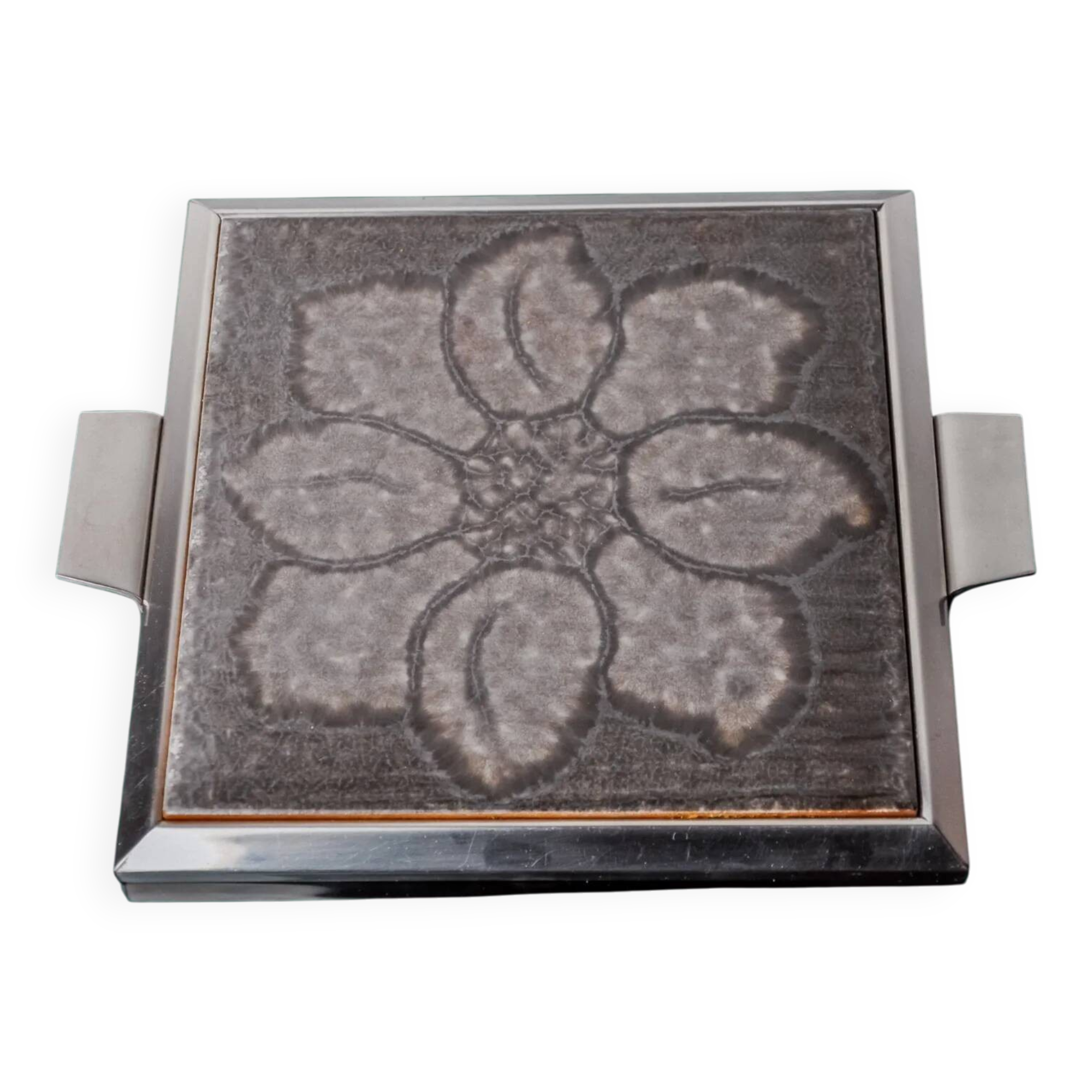 Trivet en céramique grise florale de l'âge spatial, Espagne, années 1970