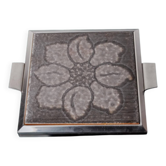 Space age floral grey ceramic trivet, Spain, 1970s