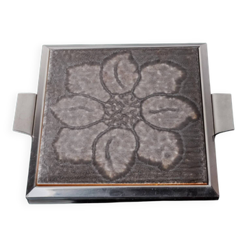 Space age floral grey ceramic trivet, Spain, 1970s