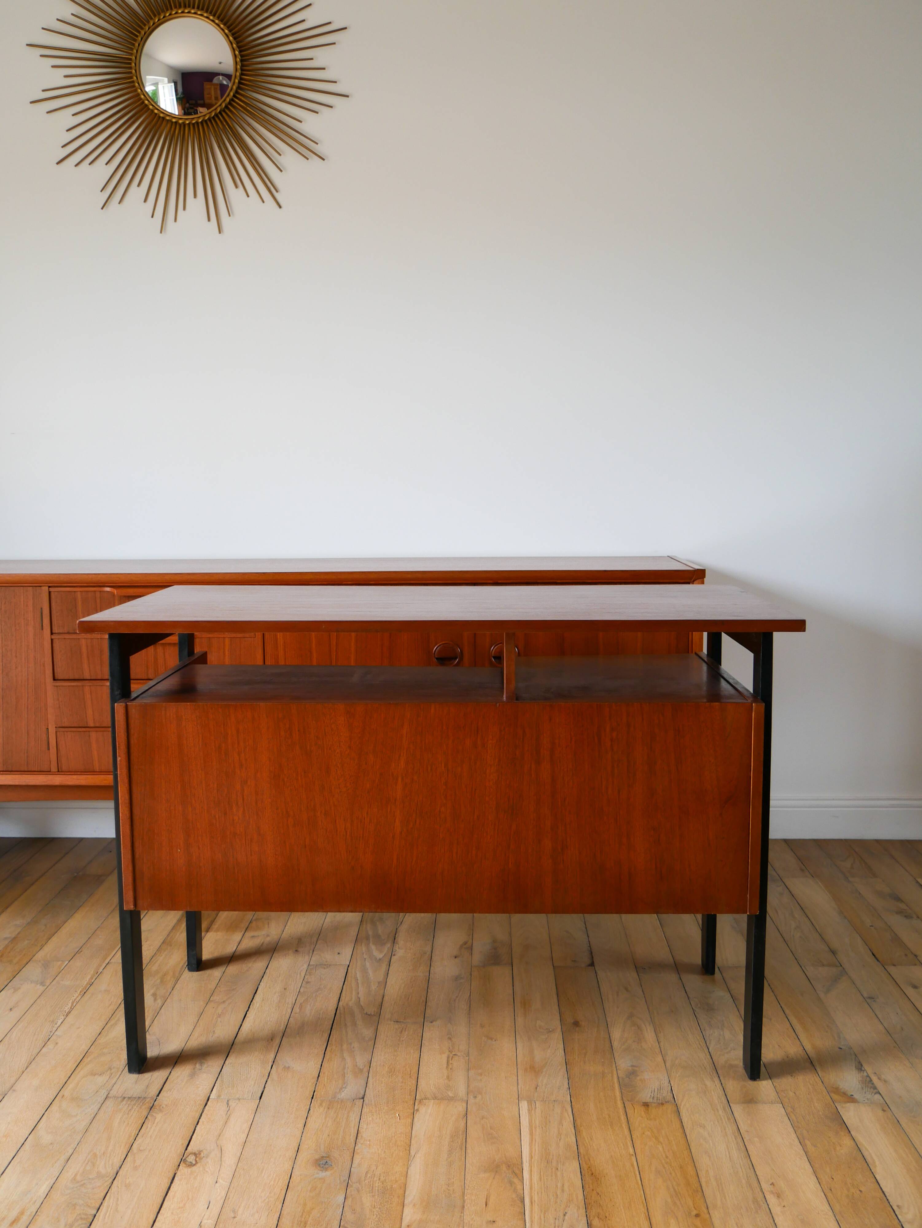 Scandinavian desk in black metal oak veneer, Modernist Design, 1960