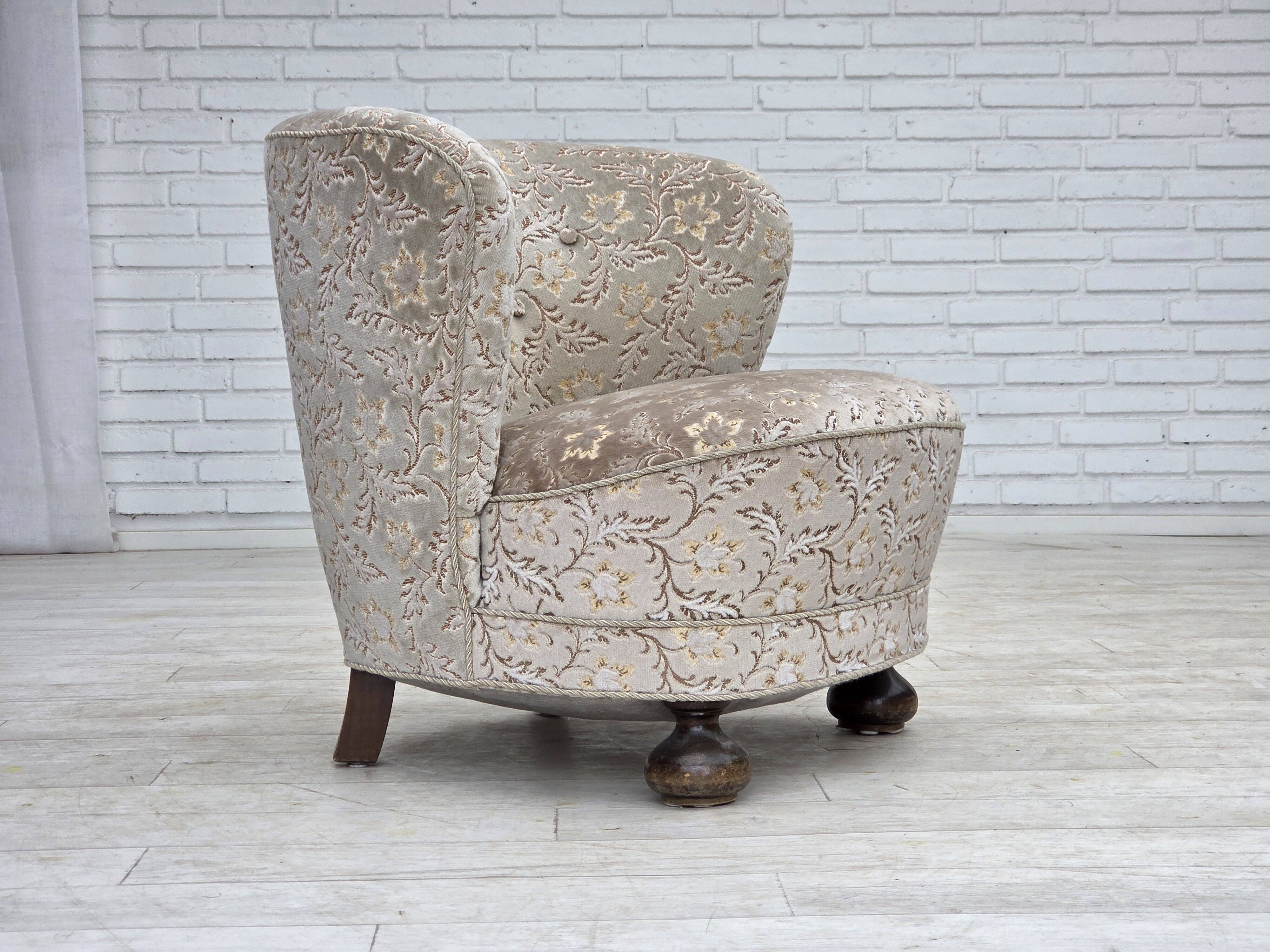 1970s, Danish curved armchair, original light green/gray furniture velour.