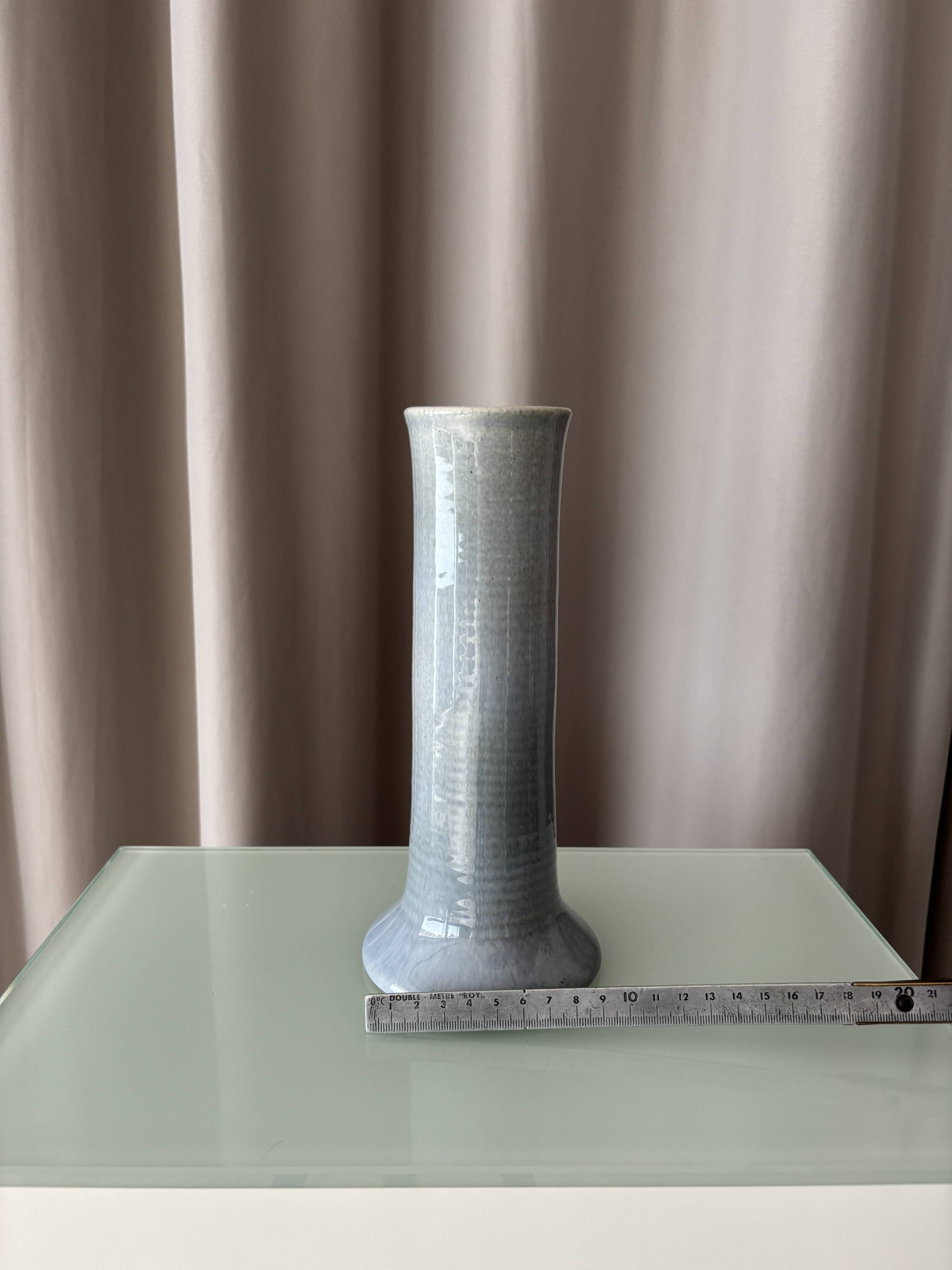 Tall Vintage Studio Pottery Vase – Pale Blue & Brown Glaze