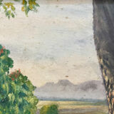 1920s french oil painting / panel. landscape. fields, trees and mountains