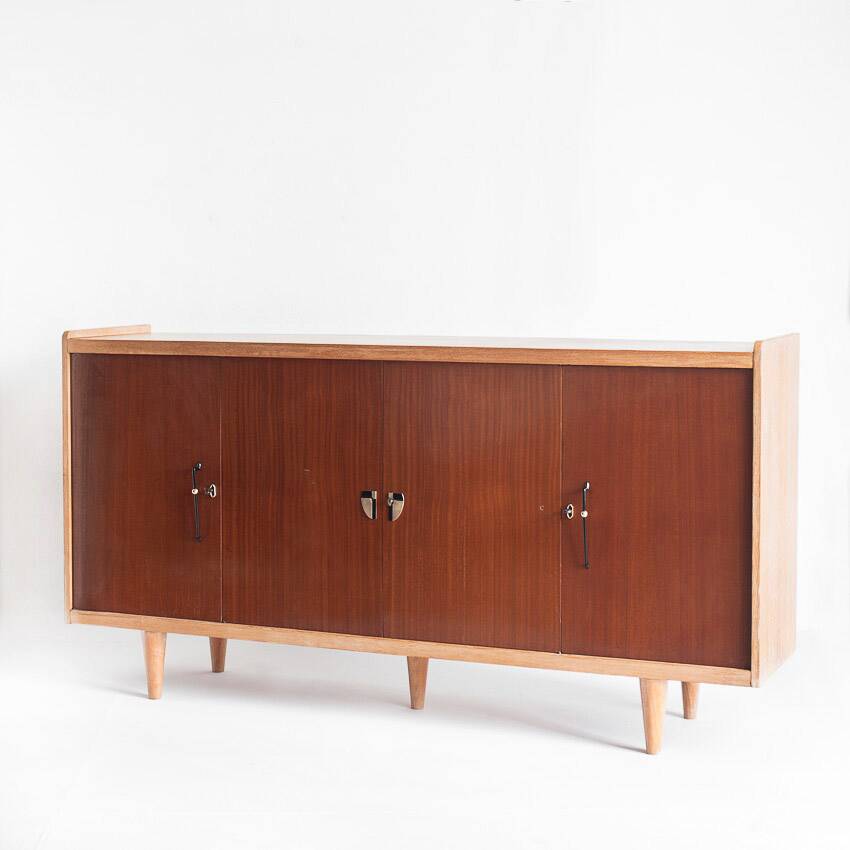 Vintage high buffet. Oak and mahogany veneer, France, 1960s.