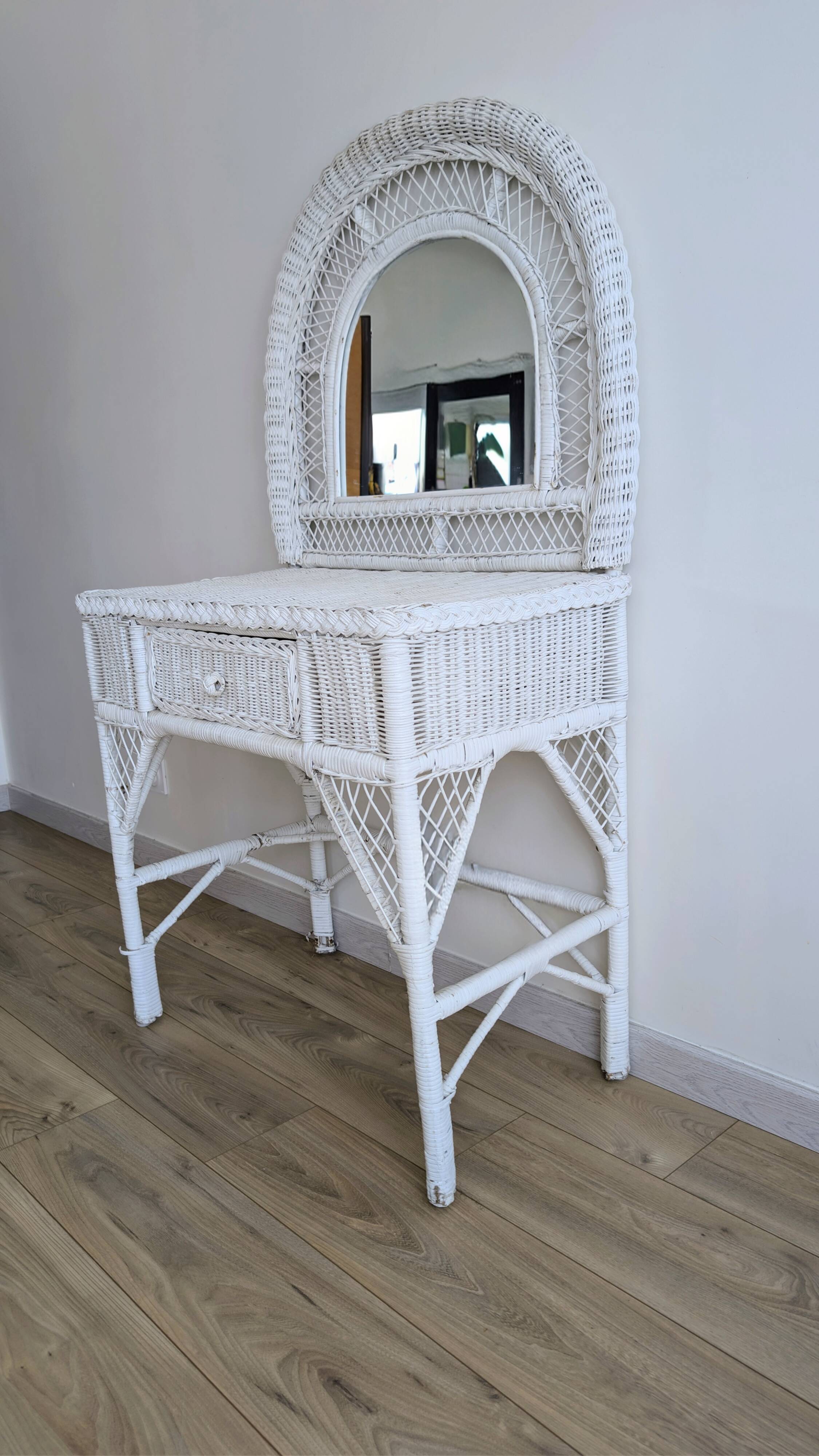 White rattan dressing table, shabby chic style, 1970s.