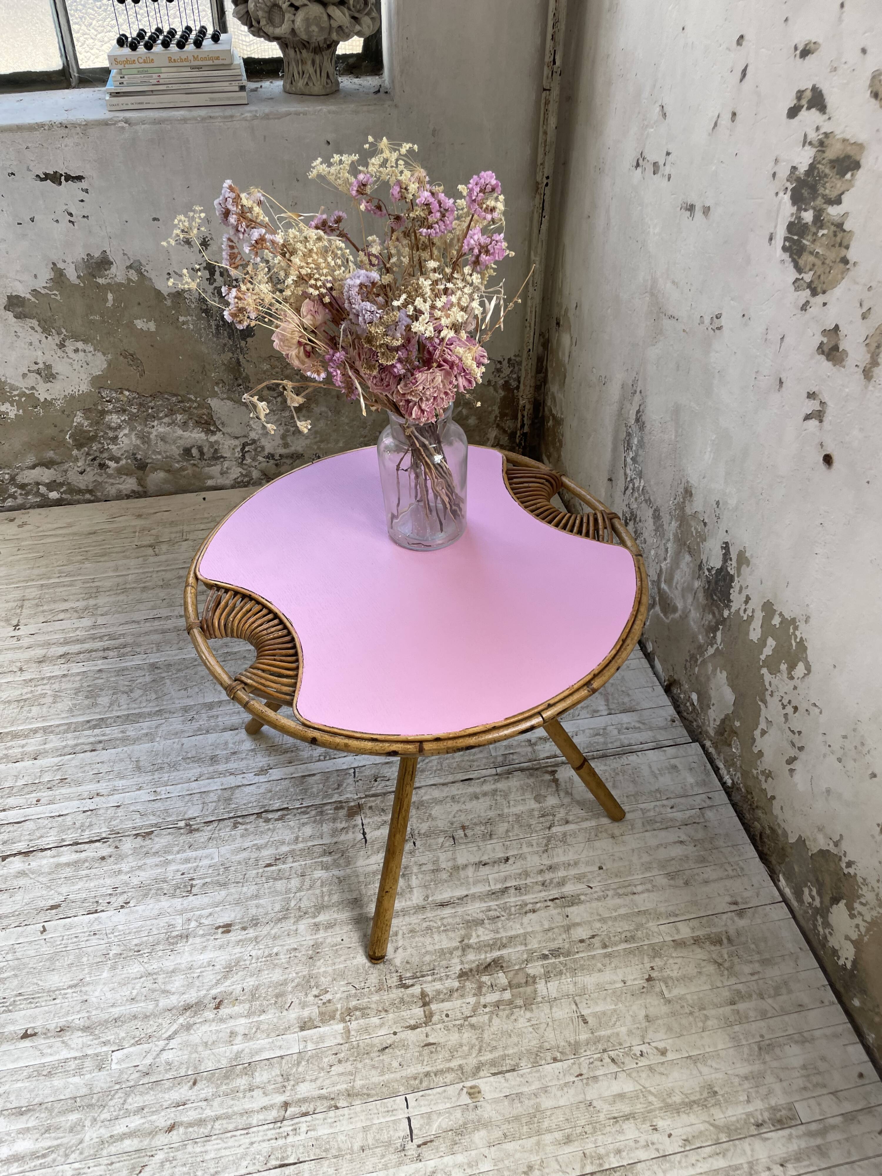 Vintage pink rattan coffee table