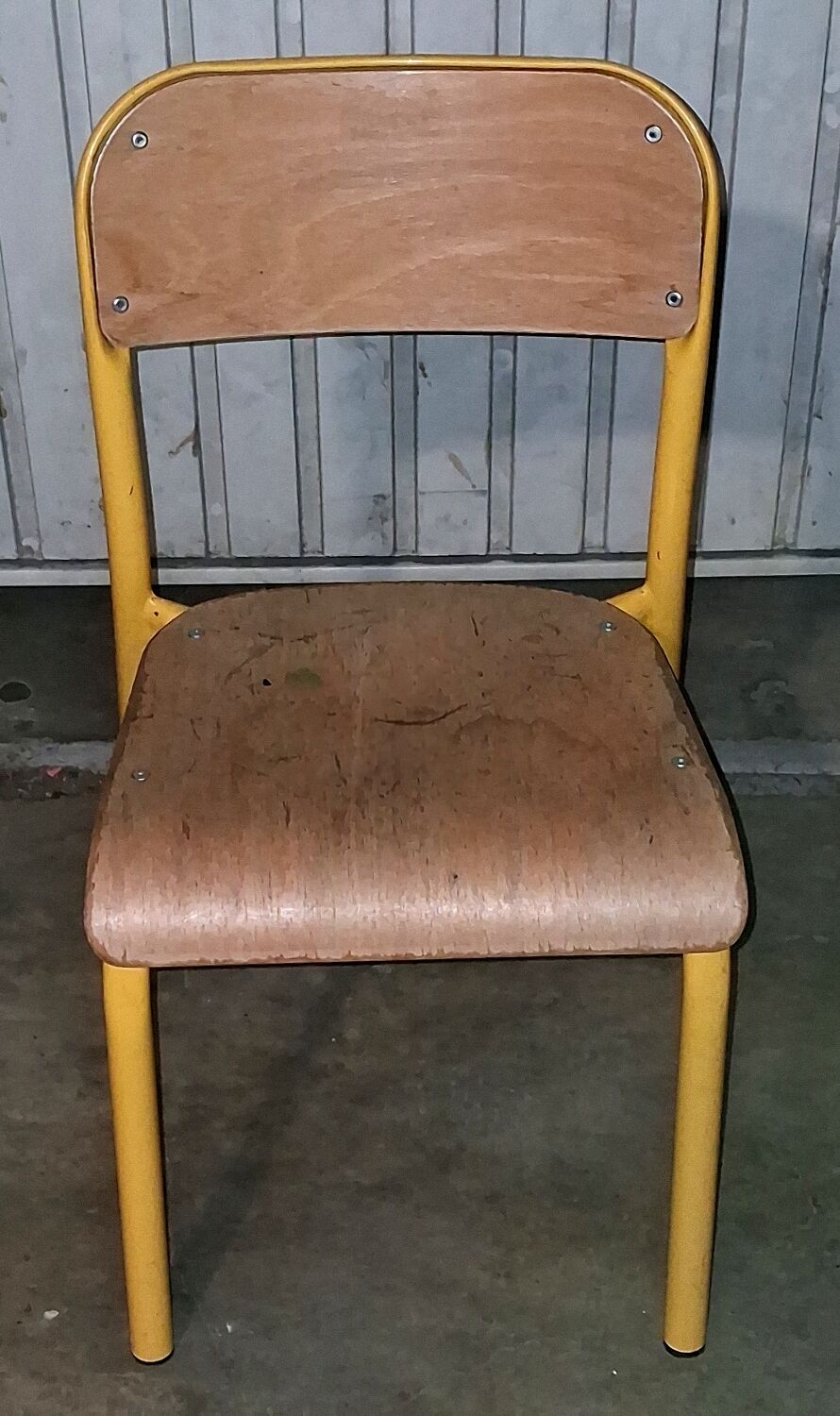 Pair of school chairs, wood and yellow metal, industrial decor.