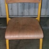Pair of school chairs, wood and yellow metal, industrial decor.
