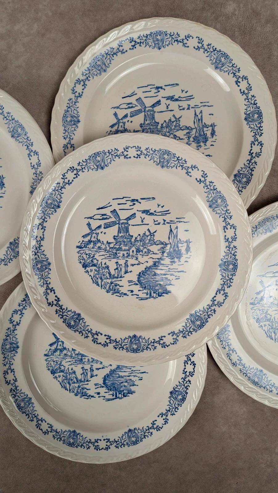 Set of 6 antique flat plates Rotterdam blue windmill design.