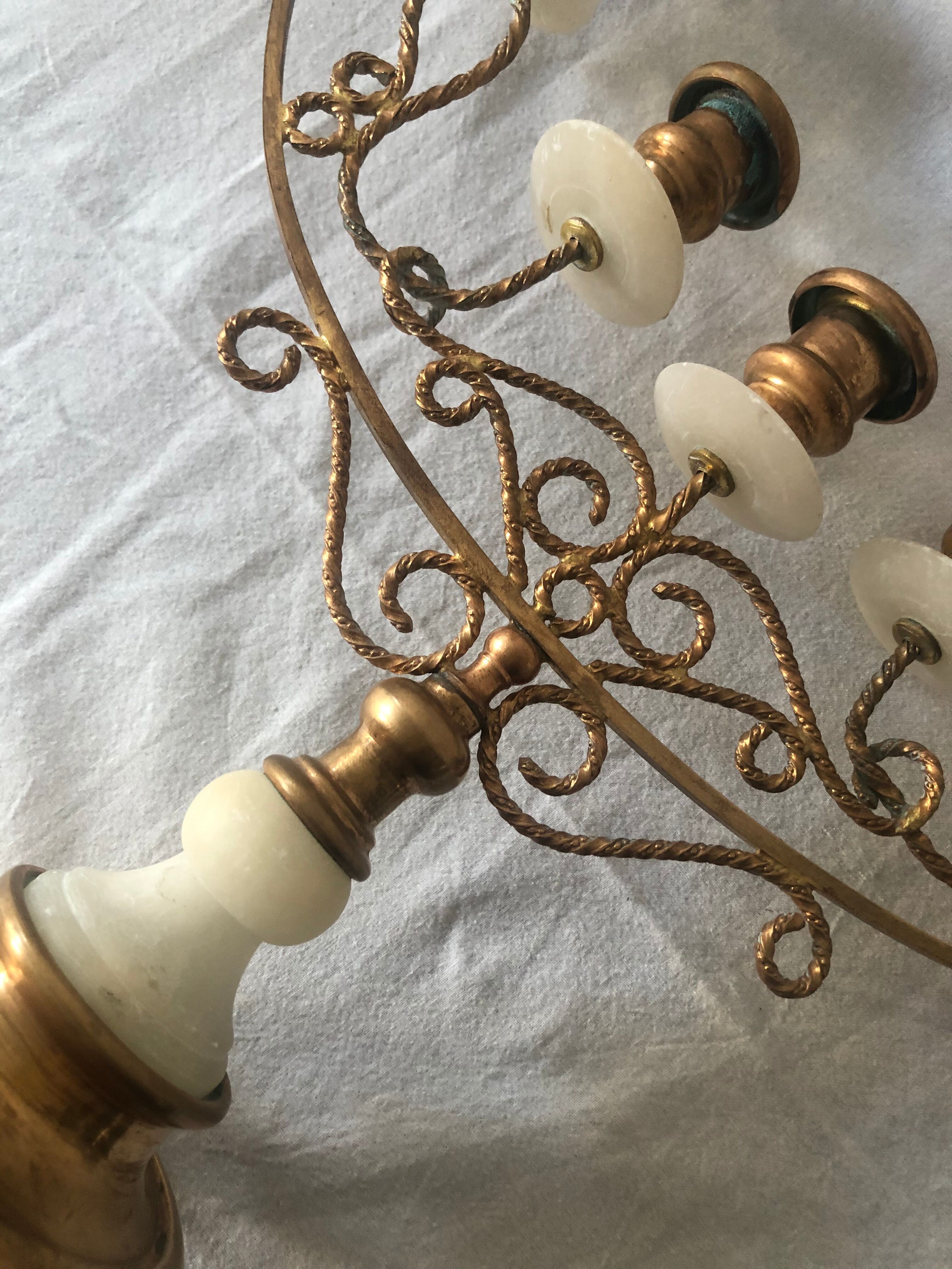 Mid-century 7-branch alabaster and brass candlestick