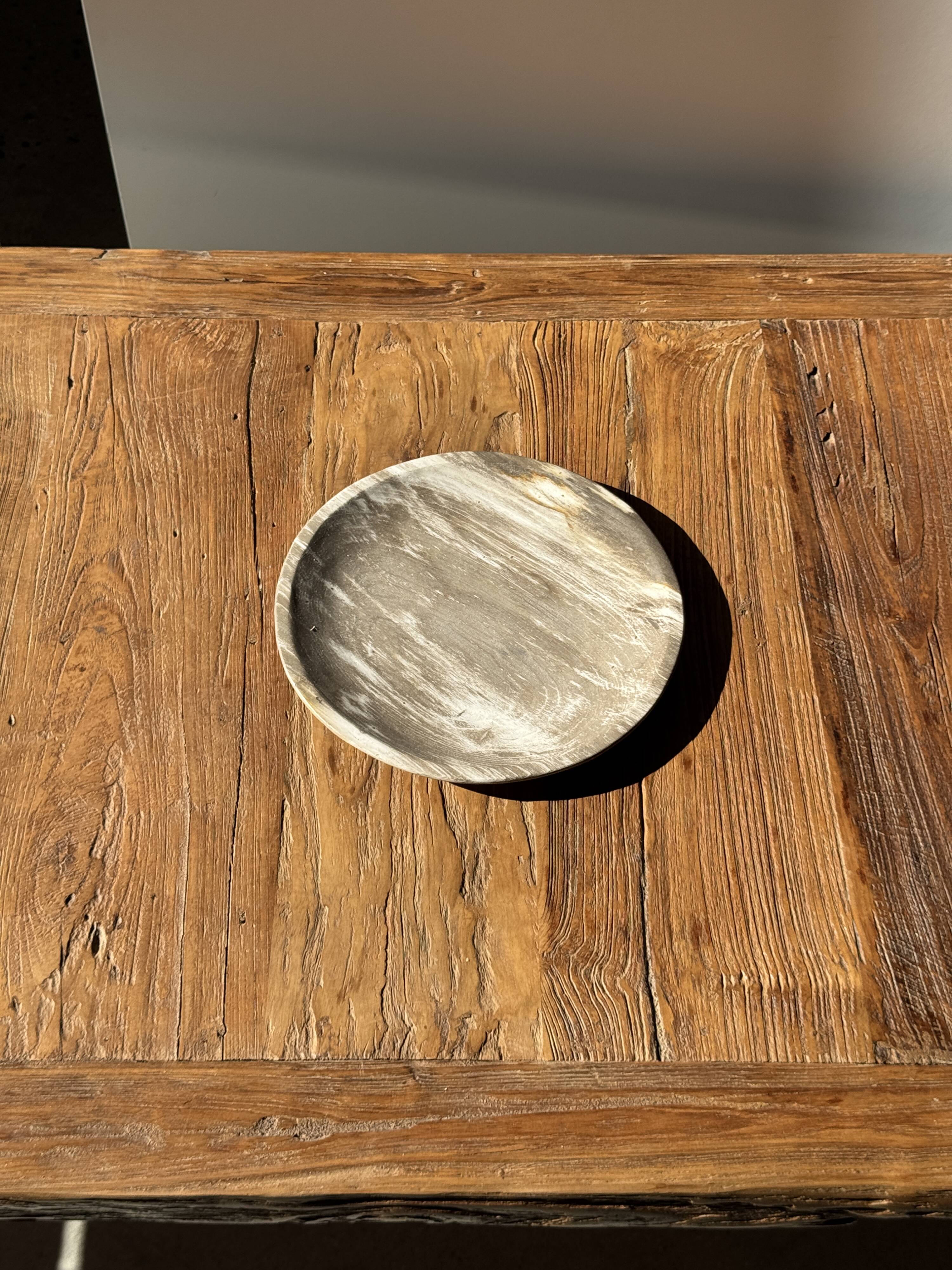 Petrified wood vide poche, circular dish or plate in light beige D25.