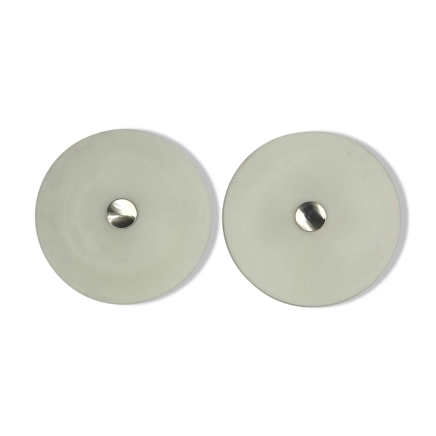 Stilux Milano, pair of round opaline glass ceiling lamps. 1960s