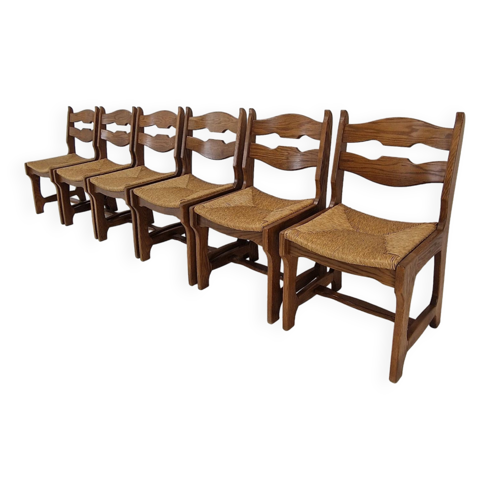 Ensemble de 6 chaises rasoir en chêne brutaliste, France, années 1960