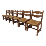 Ensemble de 6 chaises rasoir en chêne brutaliste, France, années 1960