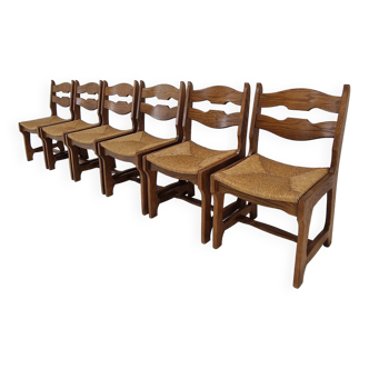 Set of 6 Brutalist Oak Razor Blade Chairs, France 1960s