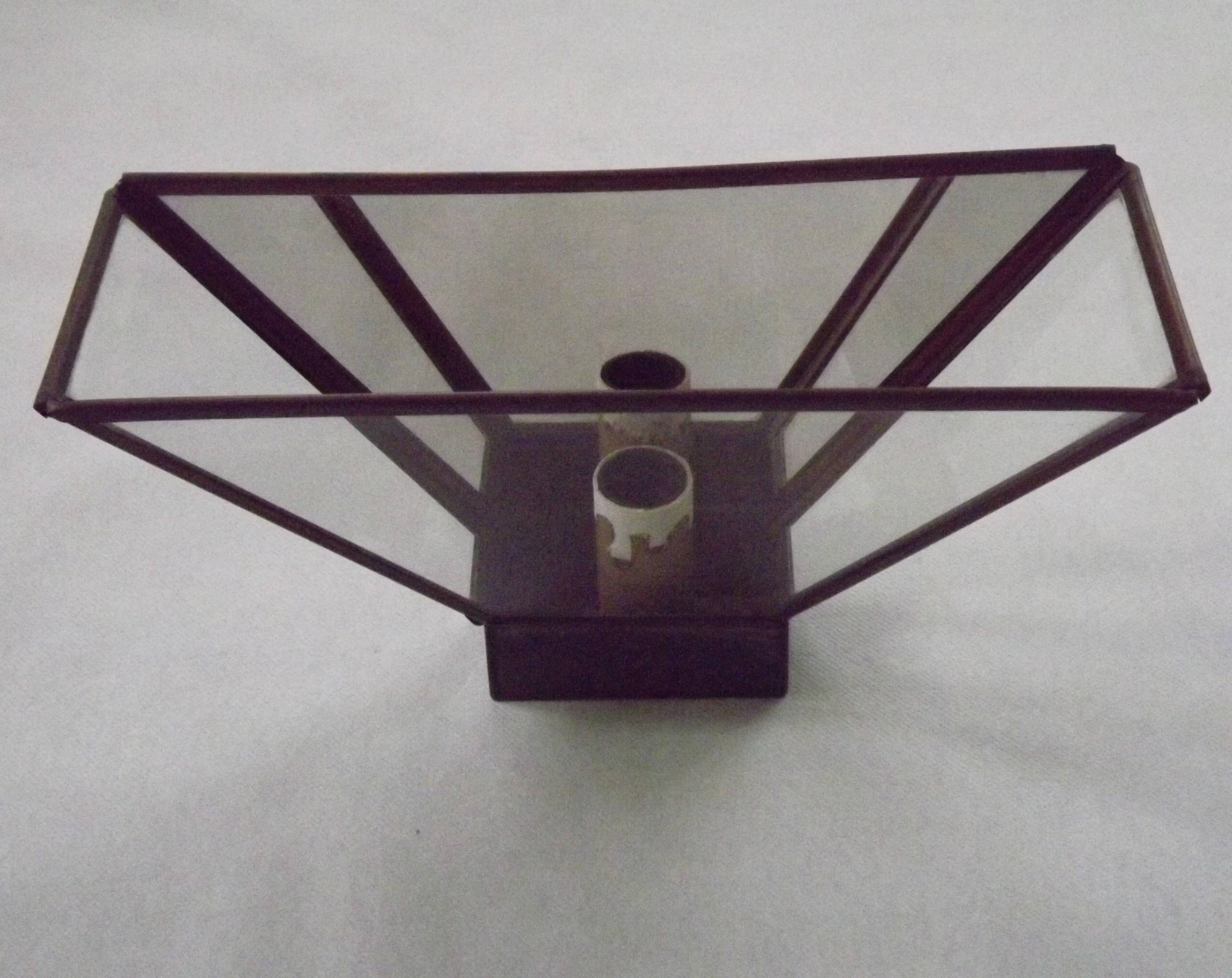 Matching Pair French Mid Century Copper & Glass Single Mirrored Wall Lights 5138
