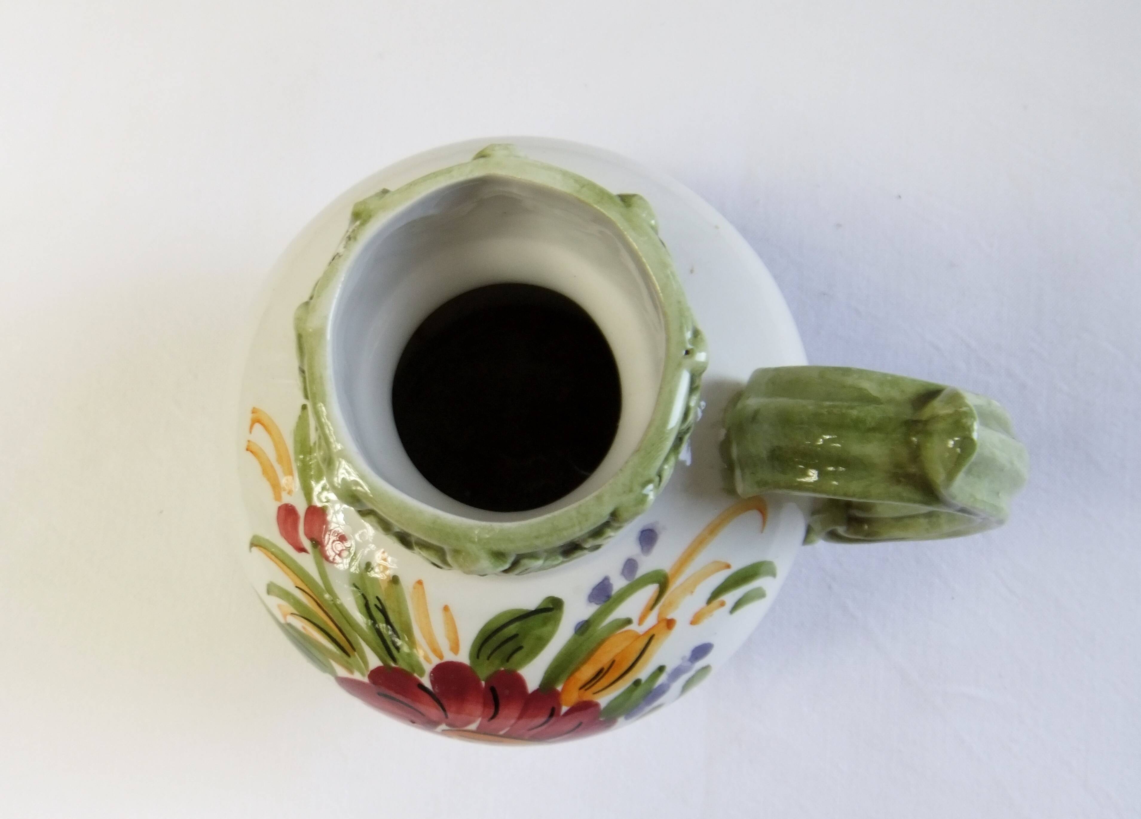 Vintage ceramic slip vase V Bassano pitcher decorated with porcelain flowers