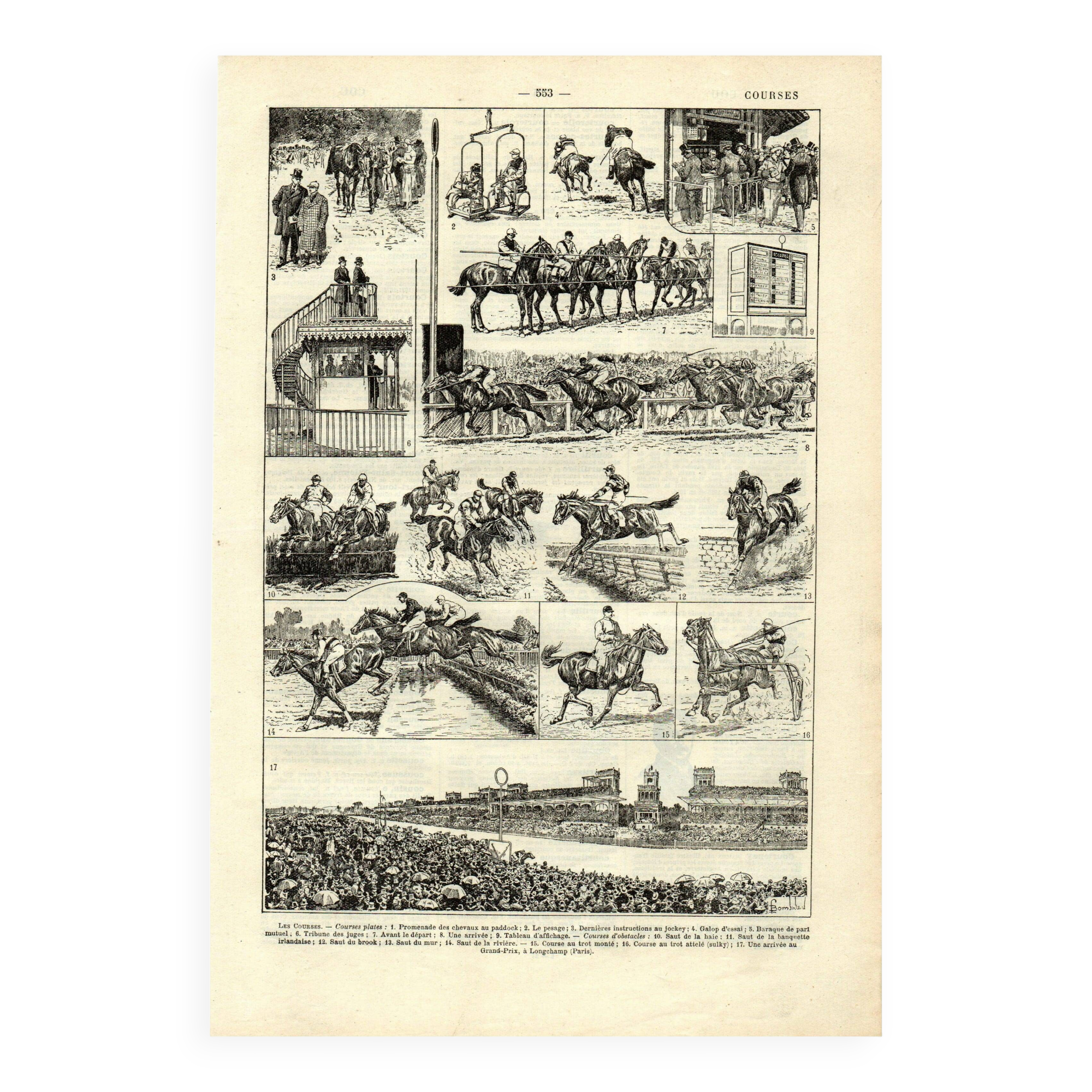 Gravure ancienne 1923 - Courses hippiques par L. Bombled - Cheval litho