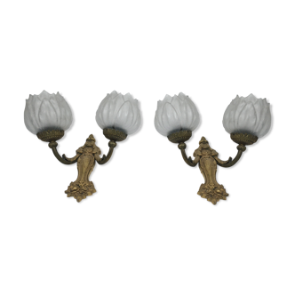 Pair of brass and glass wall light