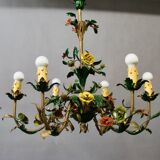 Chandelier with 6 arms of flower lights in painted sheet metal