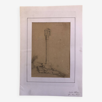 Dessin 1850 crayon croix de st fiacre à auray morbihan bretagne 56, signé f.m. ferdinand moutier