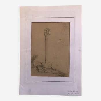 Drawing 1850 pencil croix de st fiacre in auray morbihan brittany 56, signed fm ferdinand moutier