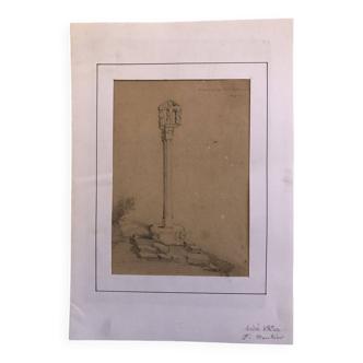 Drawing 1850 pencil croix de st fiacre in auray morbihan brittany 56, signed fm ferdinand moutier