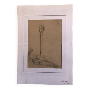Dessin 1850 crayon croix de st fiacre à auray morbihan bretagne 56, signé f.m. ferdinand moutier