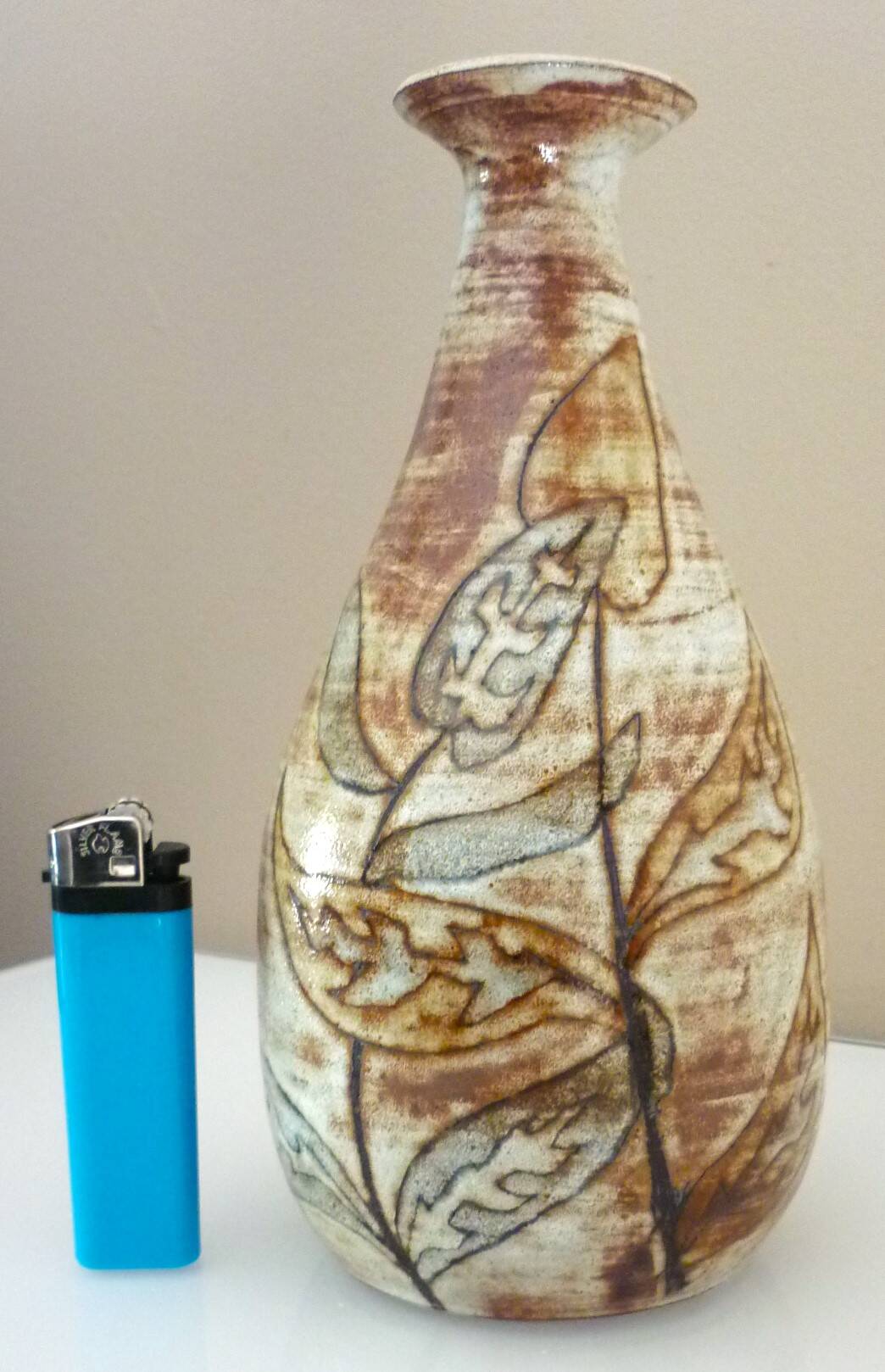 Glazed ceramic drop vase, signed Michel Argans, leaf decoration