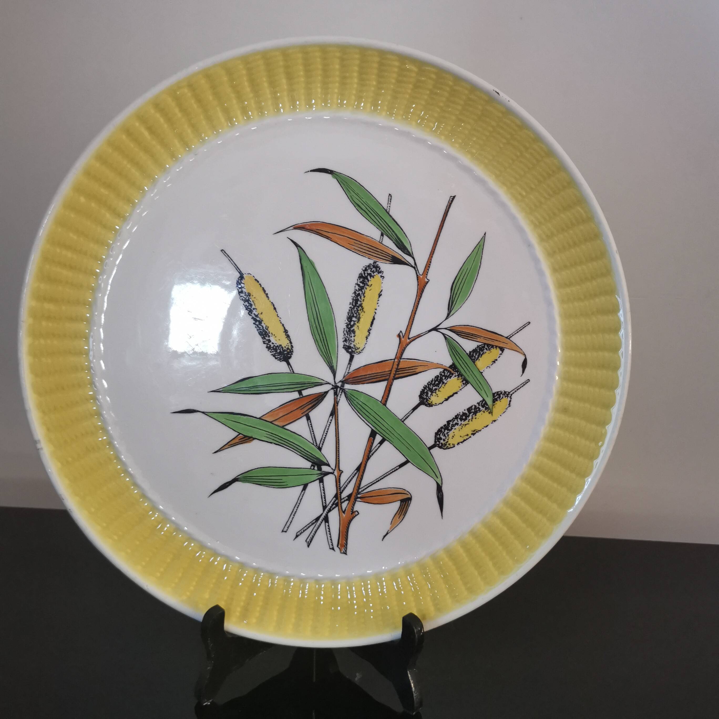 Large ceramic cake dish gien flower decoration jonc vintage 1960