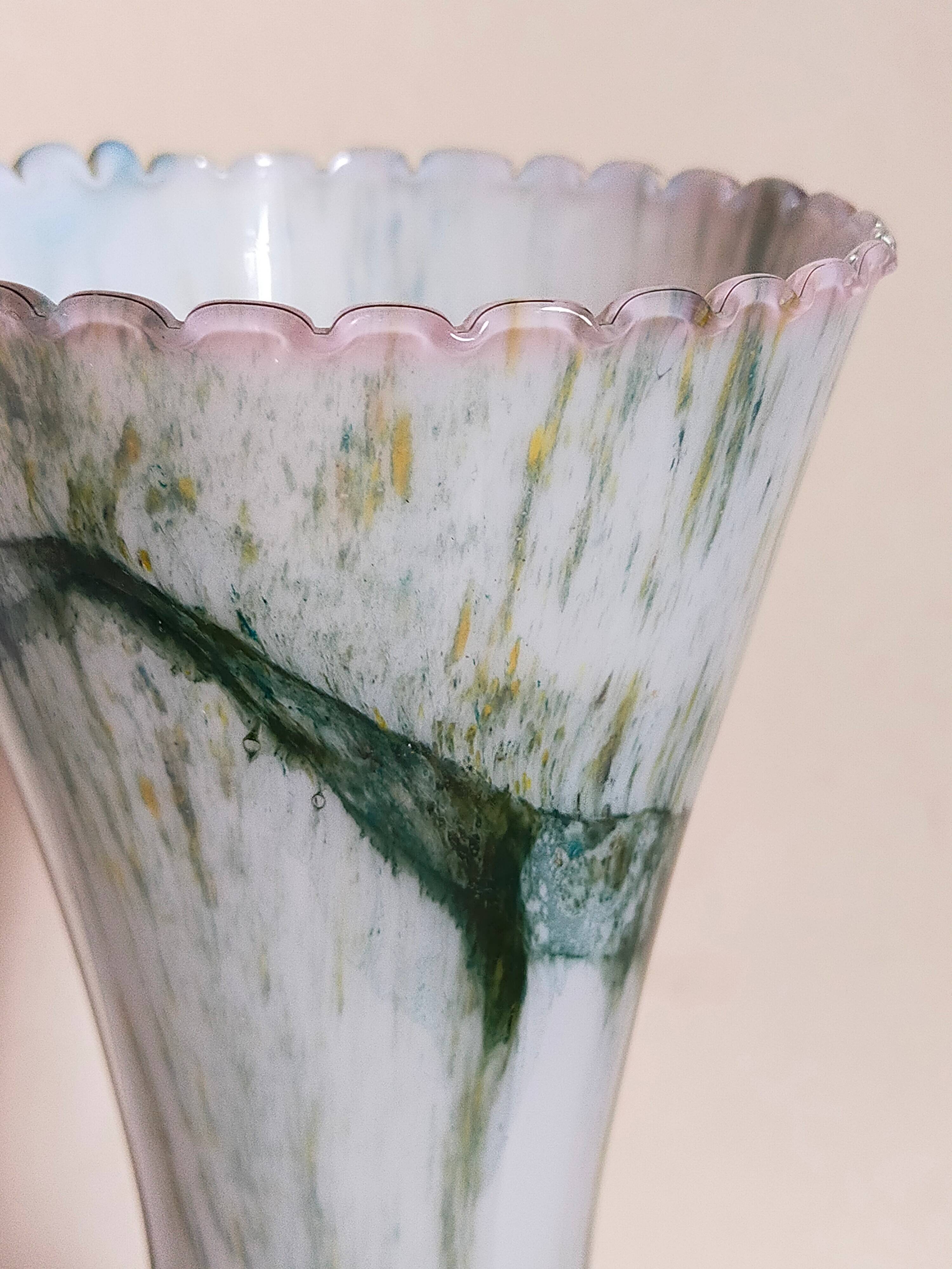 Vase on foot in opaline and vintage blown glass 30 cm