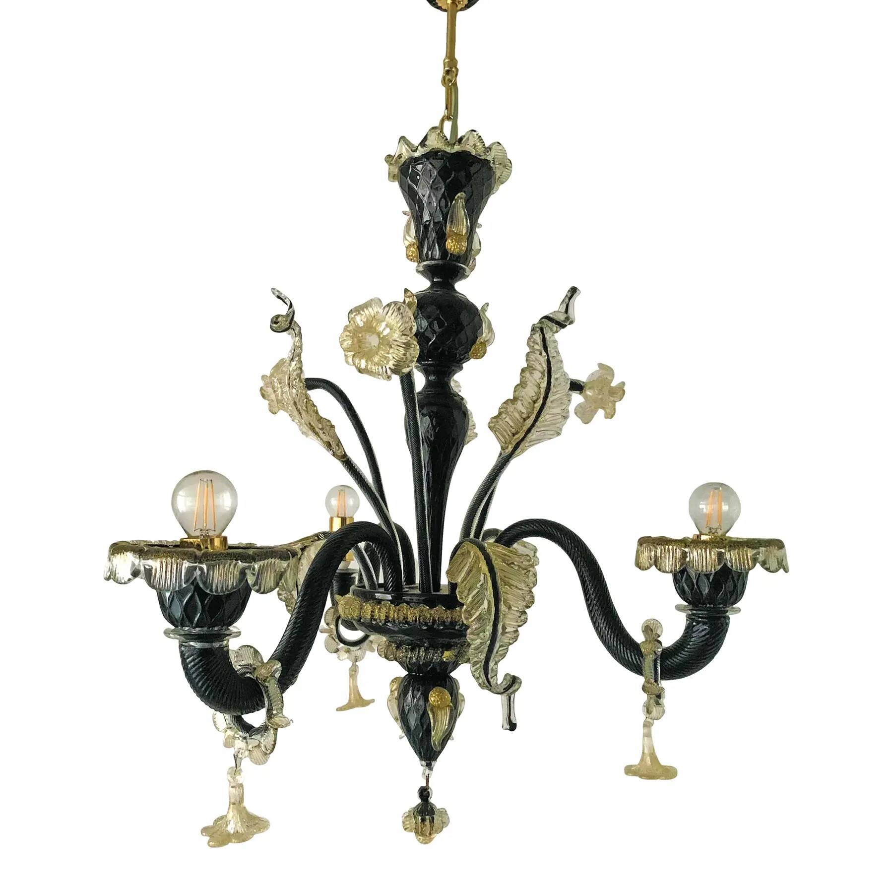 Black and Gold Murano-Style Venetian Glass Chandelier with Floral and Leaf Design