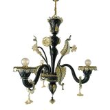 Black and Gold Murano-Style Venetian Glass Chandelier with Floral and Leaf Design