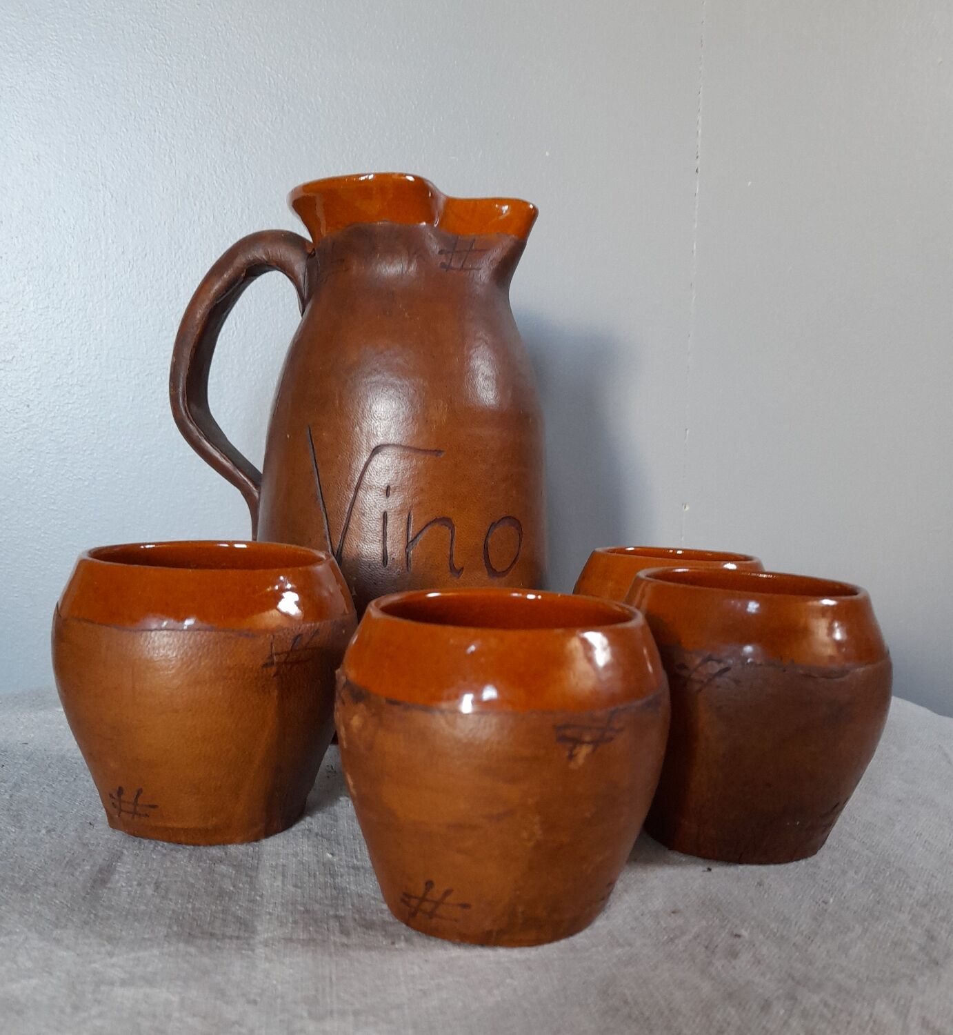 Pitcher & ceramic and leather glass set by Artesania Raymon, Spain 1950