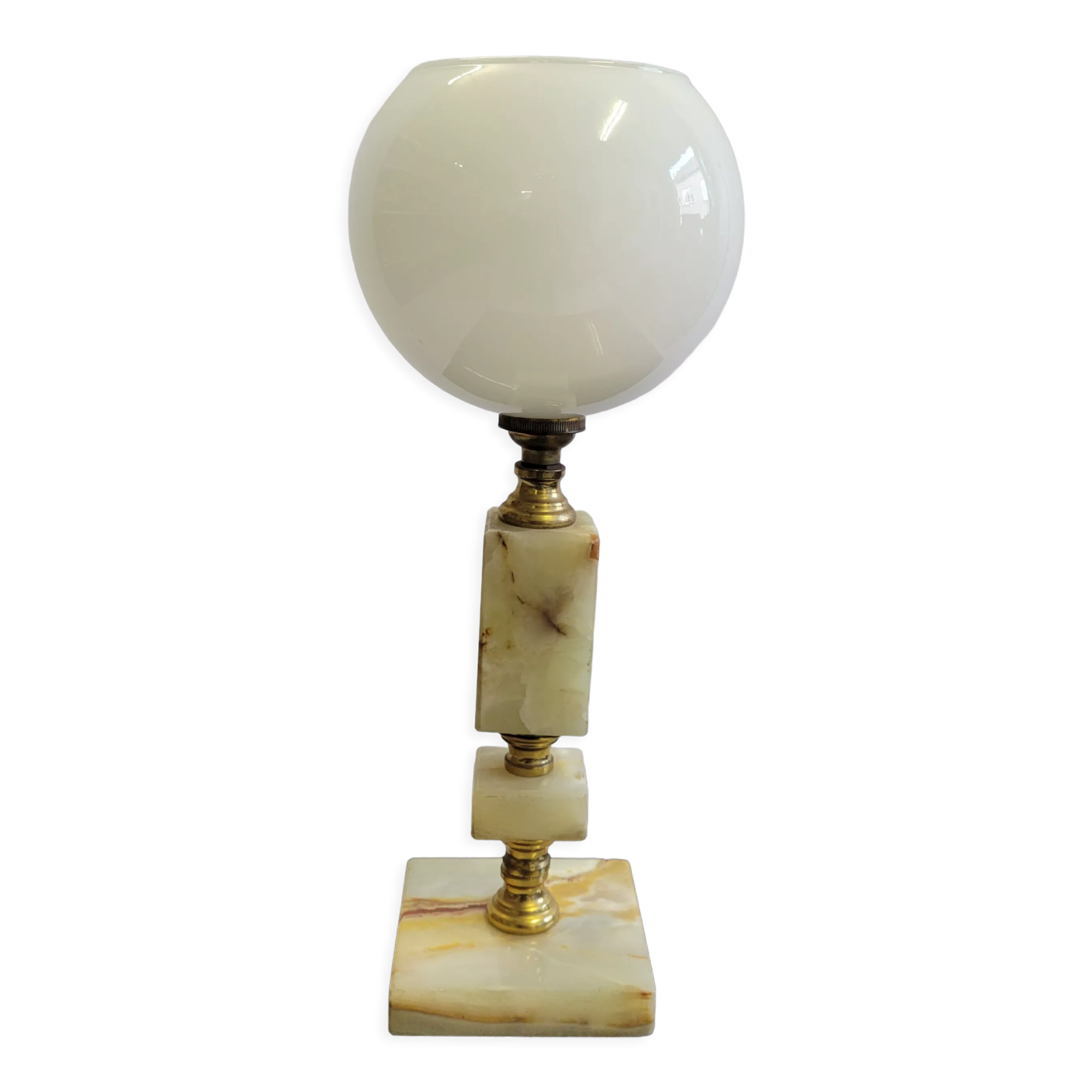 Onyx and brass lamp with opaline globe