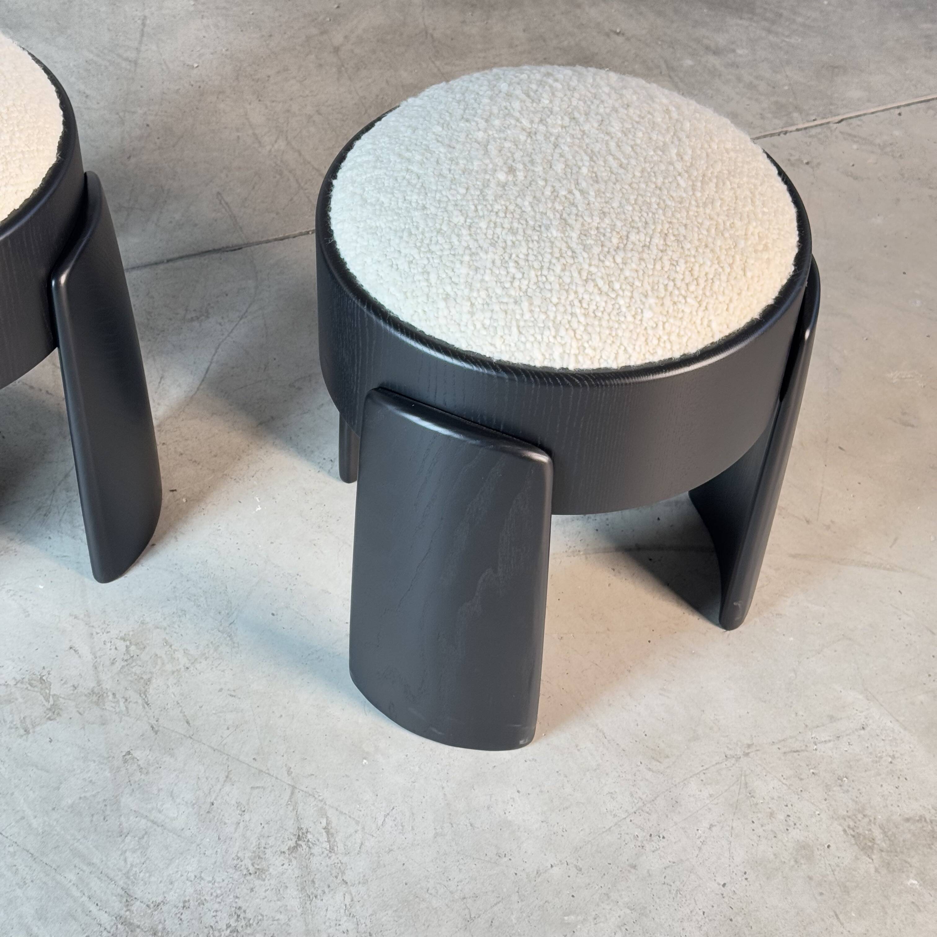 Pair of Black Ash Sculptural Stools with Dedar Milano Bouclé, by FORME