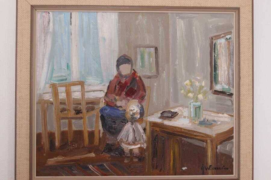Original Swedish oil on canvas – “Figure in Interior” by Åke Wickström – vintage & framed – 57 × 66 cm
